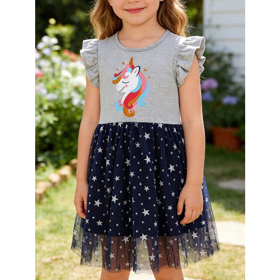 Children’s Unicorn Graphic Ruffle Sleeve Tulle Dress Light Gray / 2Y Apparel and Accessories