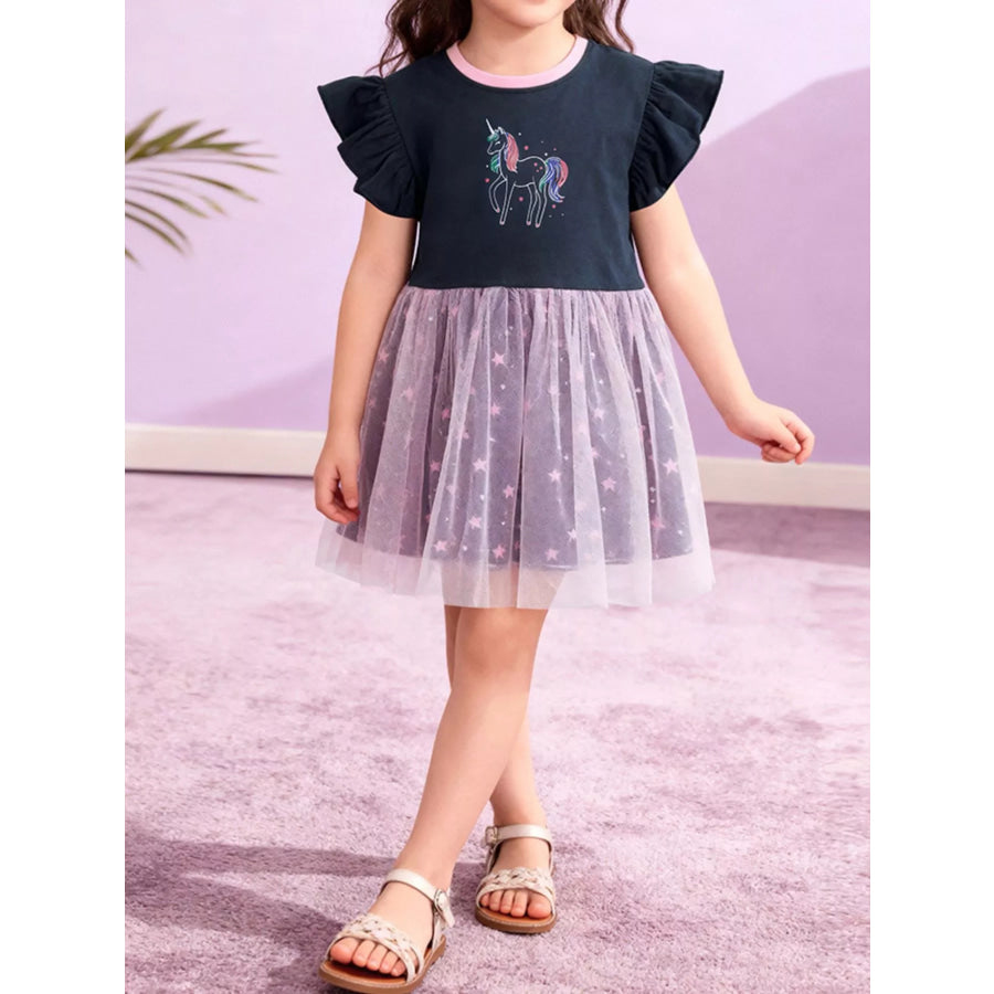 Children’s Unicorn Graphic Ruffle Sleeve Tulle Dress Lilac / 2Y Apparel and Accessories