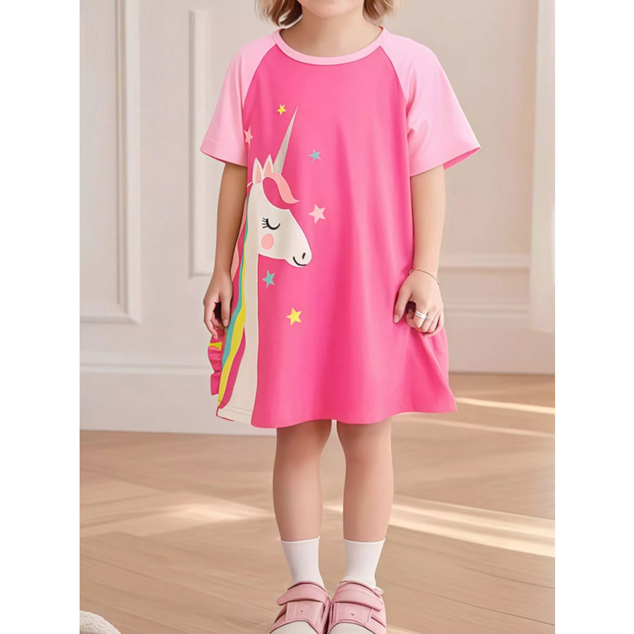 Children’s Unicorn Graphic Short Sleeve Dress Fuchsia Pink / 2Y Apparel and Accessories