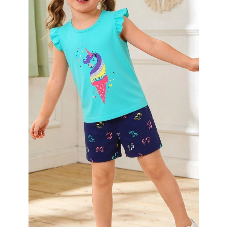 Children’s Unicorn Ice Cream Top & Shorts Set Aqua / 2Y Apparel and Accessories