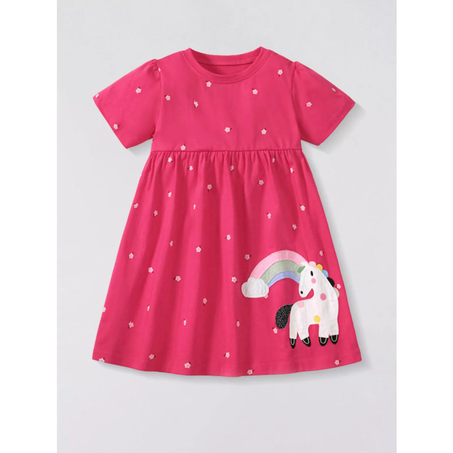 Children’s Unicorn Polka Dot Round Neck Dress Hot Pink / 2Y Apparel and Accessories