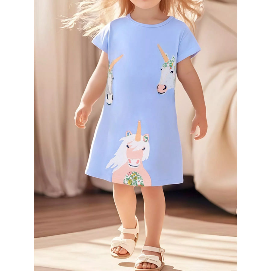 Children’s Unicorn Print Casual Dress Light Blue / 2Y Apparel and Accessories