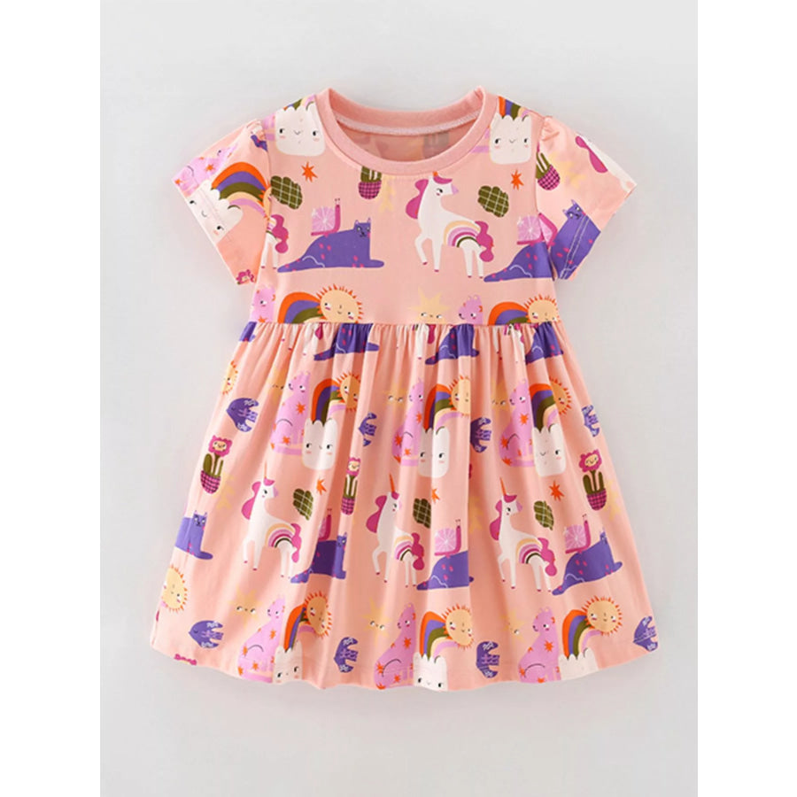Children’s Unicorn Print Casual Short Sleeve Dress Watermelon pink / 6Y Apparel and Accessories