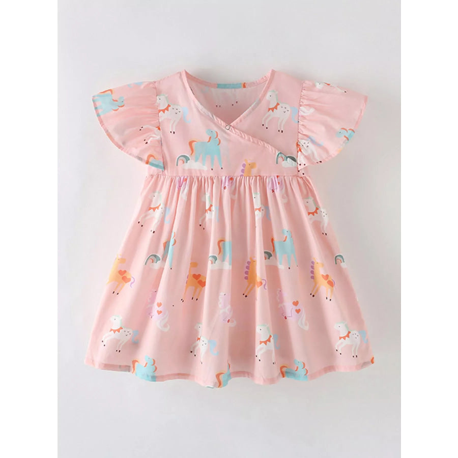 Children’s Unicorn Print Flutter Sleeve Dress Watermelon pink / 6Y Apparel and Accessories