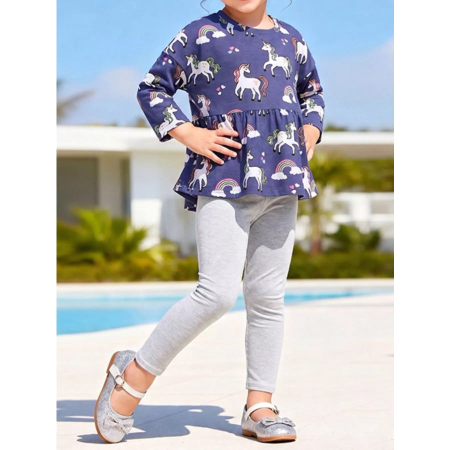Children‘s Unicorn Print Peplum Top and Leggings Set Indigo / 2Y Apparel and Accessories