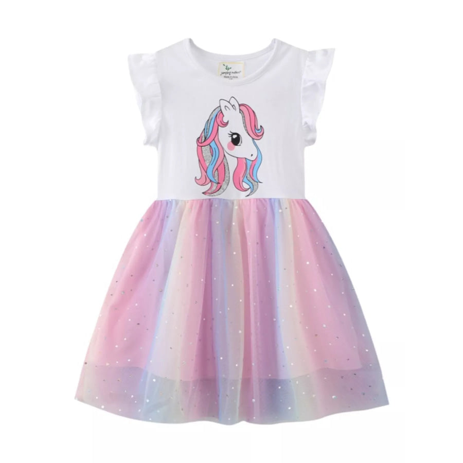 Children’s Unicorn Print Rainbow Tulle Dress White / 2T Apparel and Accessories
