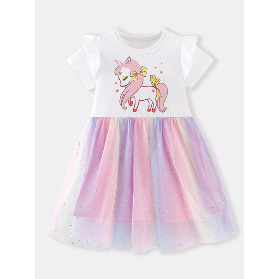Children’s Unicorn Print Rainbow Tulle Dress White / 2Y Apparel and Accessories