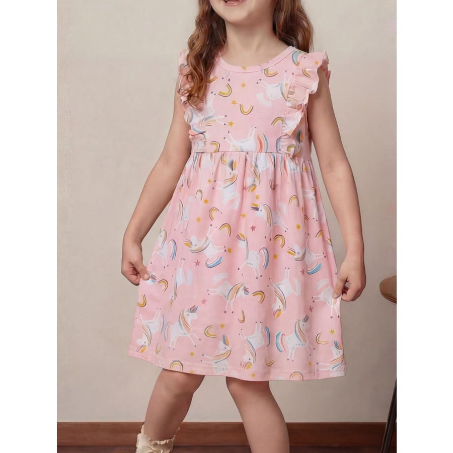 Children’s Unicorn Print Ruffle Sleeve Casual Dress Pink / 2-3 Apparel and Accessories
