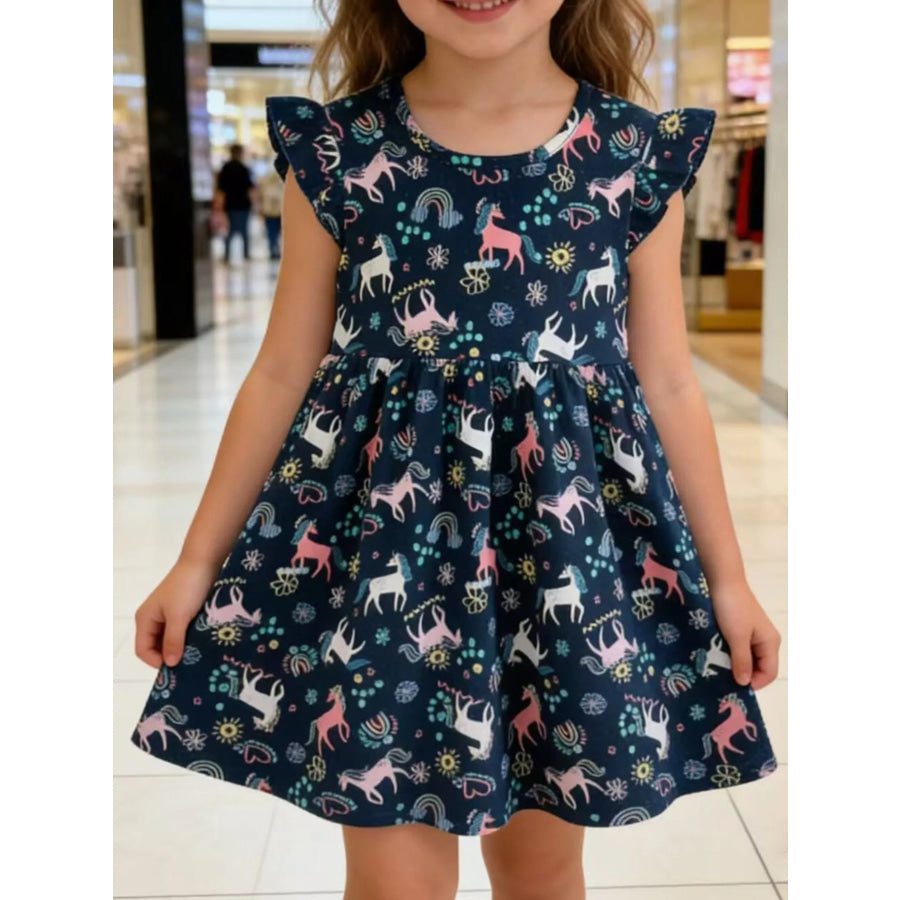 Children’s Unicorn Print Ruffle Sleeve Dress Dark Navy / 2T Apparel and Accessories