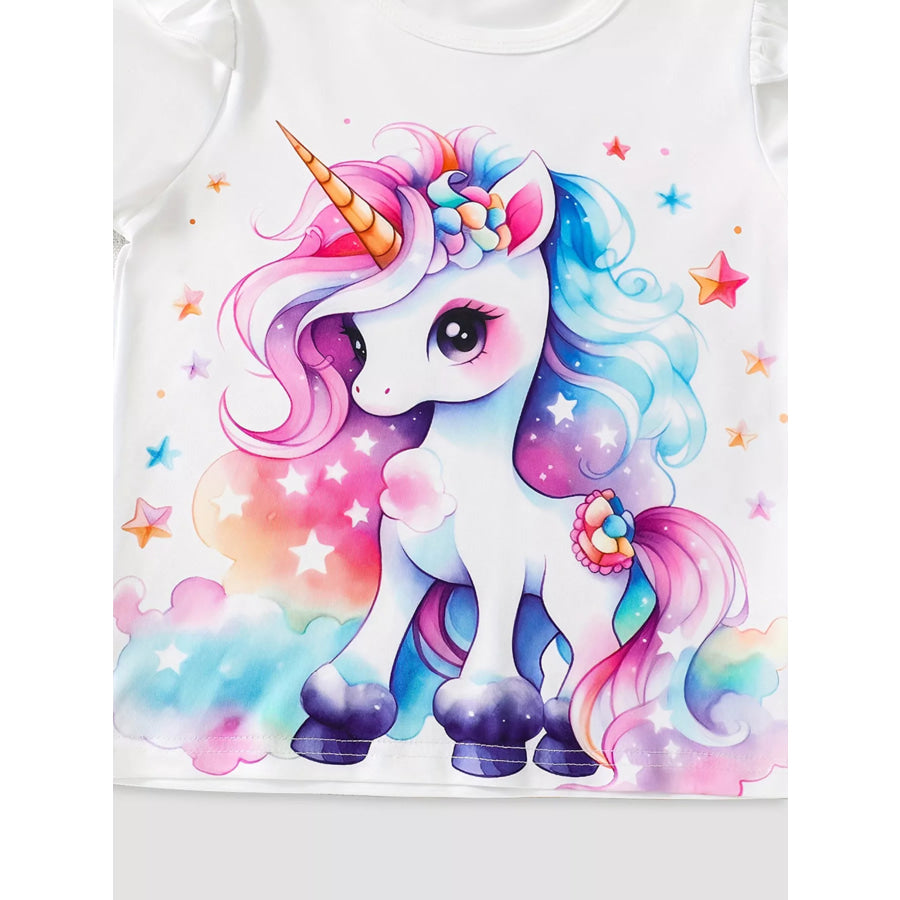 Children’s Unicorn Print Ruffle Sleeve Top and Shorts Set Apparel and Accessories