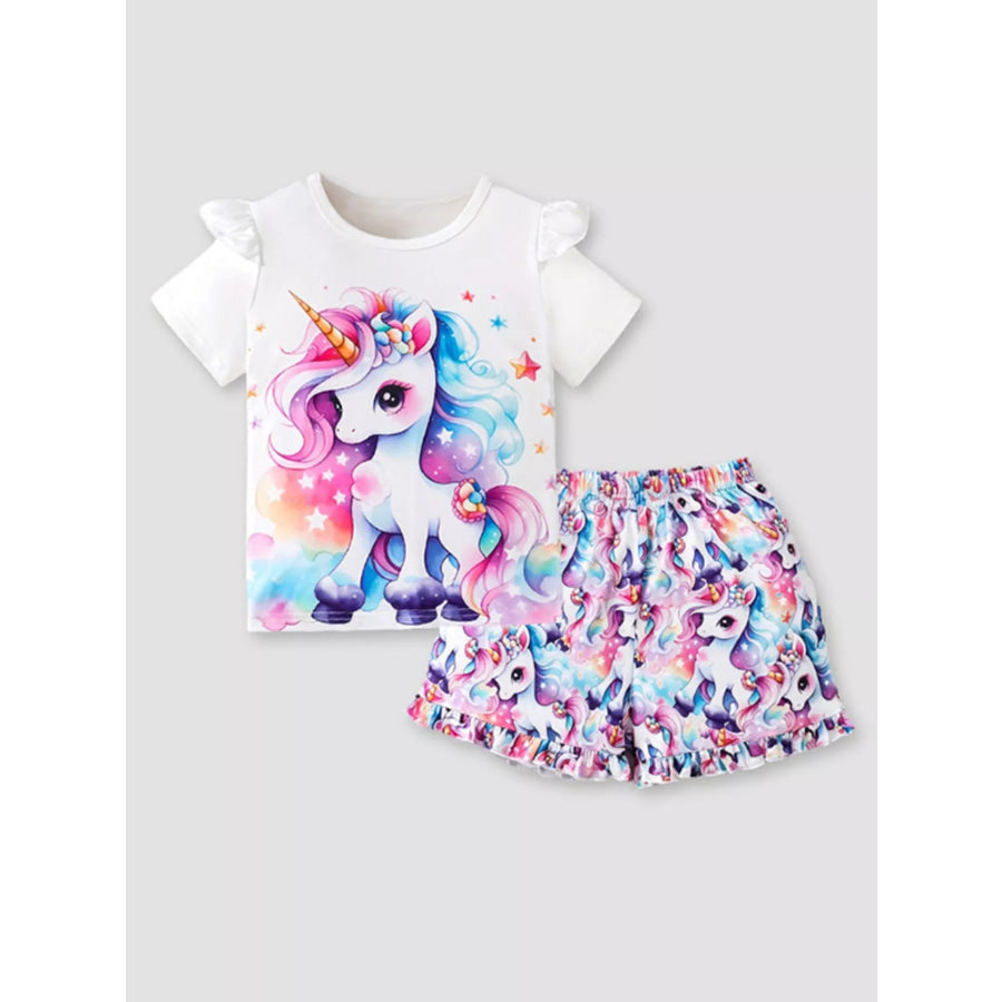 Children’s Unicorn Print Ruffle Sleeve Top and Shorts Set White / 2-3Y Apparel and Accessories
