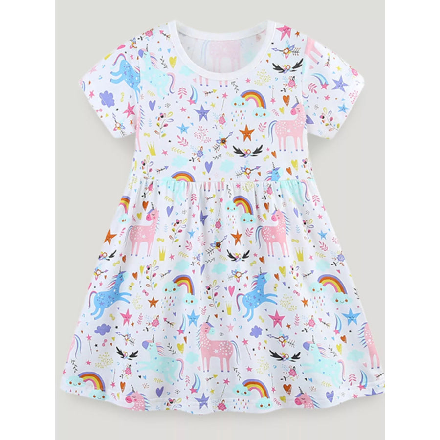 Children’s Unicorn Print Short Sleeve Dress White / 2Y Apparel and Accessories