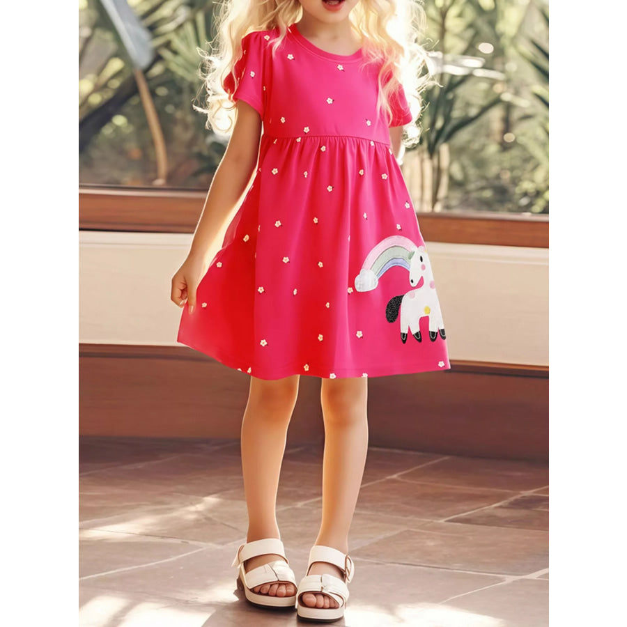 Children’s Unicorn Rainbow Round Neck Casual Dress Hot Pink / 2Y Apparel and Accessories