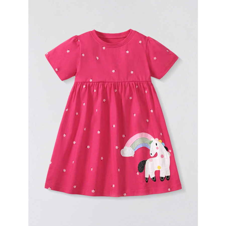 Children’s Unicorn Rainbow Short Sleeve Dress Strawberry / 2Y Apparel and Accessories