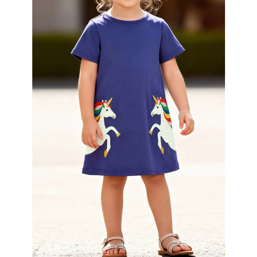 Children’s Unicorn Round Neck Casual Dress Dark Blue / 2Y Apparel and Accessories