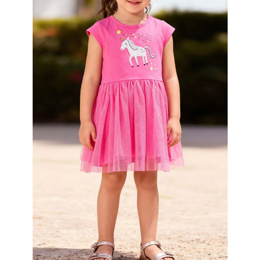 Children’s Unicorn Round Neck Tulle Dress Fuchsia Pink / 2Y Apparel and Accessories