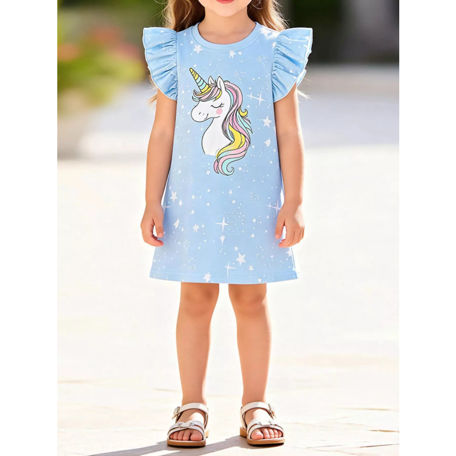 Children’s Unicorn Ruffle Sleeve Casual Dress Pastel Blue / 2Y Apparel and Accessories