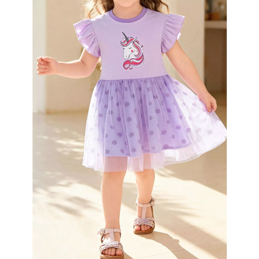 Children’s Unicorn Ruffle Sleeve Tulle Dress Lavender / 2Y Apparel and Accessories