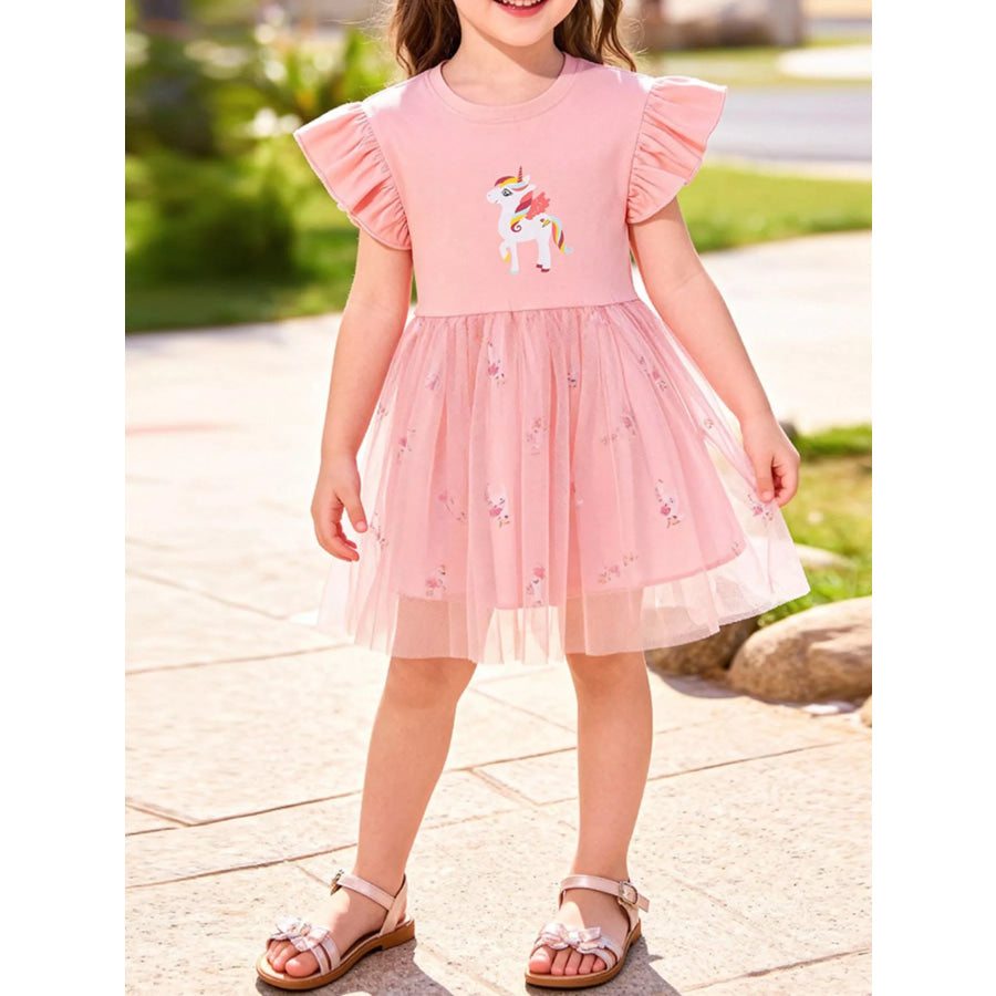 Children’s Unicorn Ruffle Sleeve Tulle Dress Pink / 2Y Apparel and Accessories