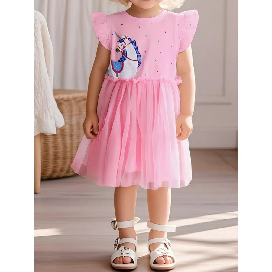 Children’s Unicorn Ruffle Sleeve Tulle Dress Pink / 2Y Apparel and Accessories