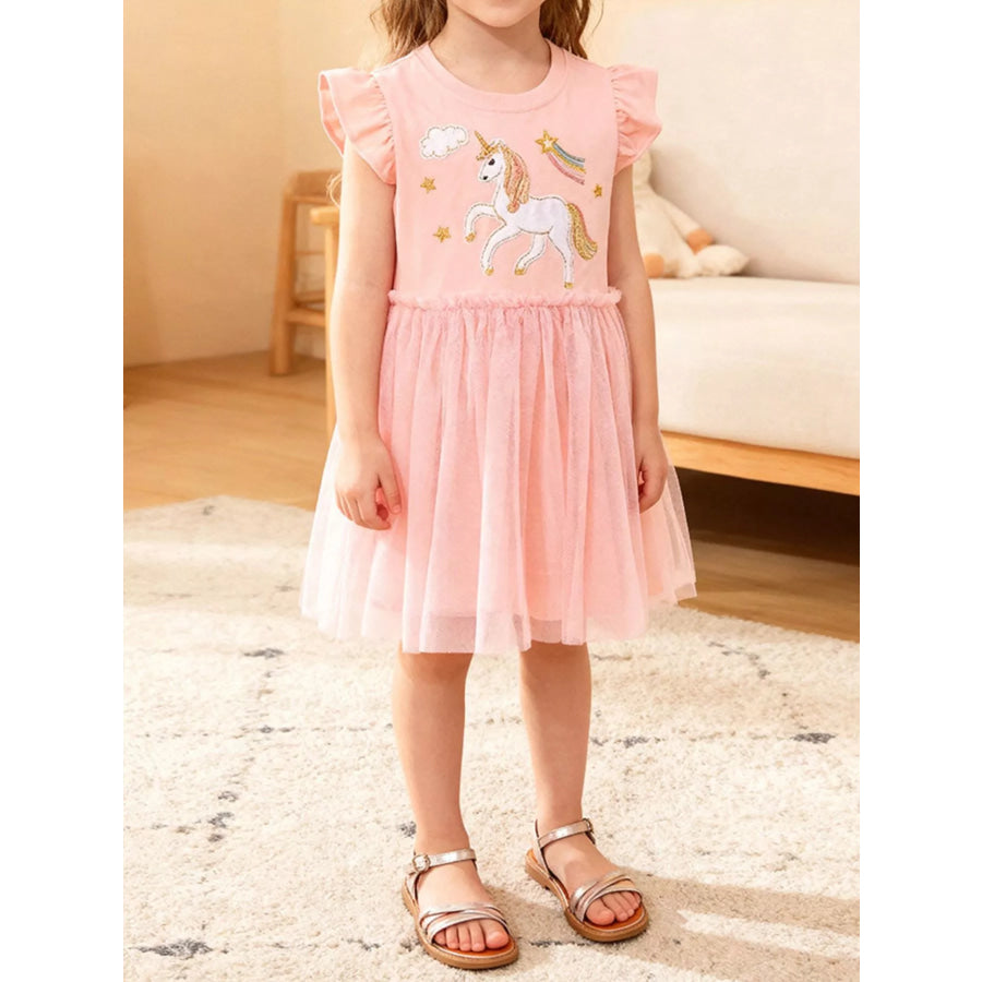 Children’s Unicorn Ruffle Sleeve Tulle Dress Watermelon pink / 2Y Apparel and Accessories