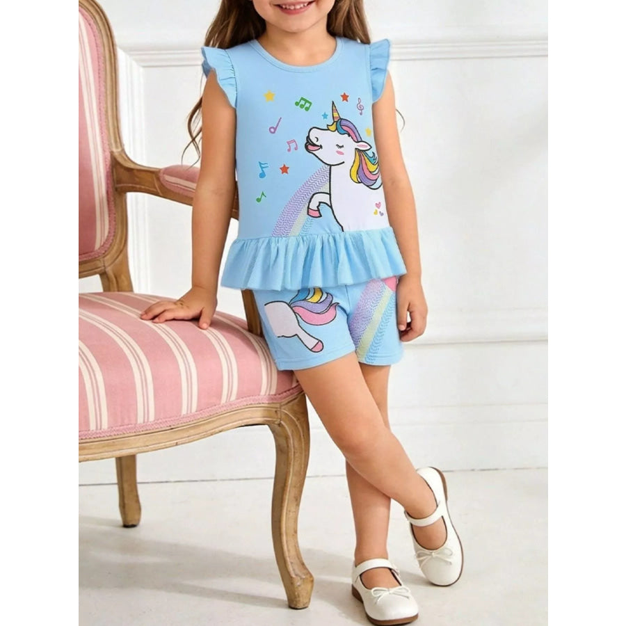 Children’s Unicorn Ruffle Trim Top and Shorts Set Pastel Blue / 2Y Apparel and Accessories