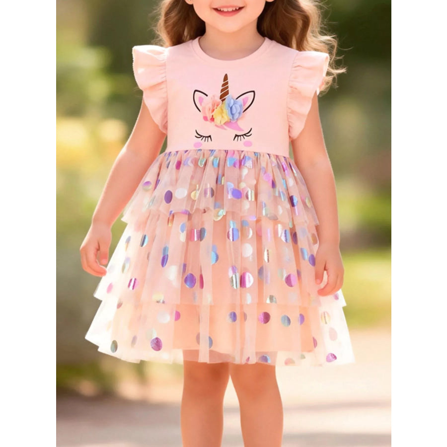 Children’s Unicorn Ruffled Sleeve Tulle Dress Pale Blush / 2Y Apparel and Accessories
