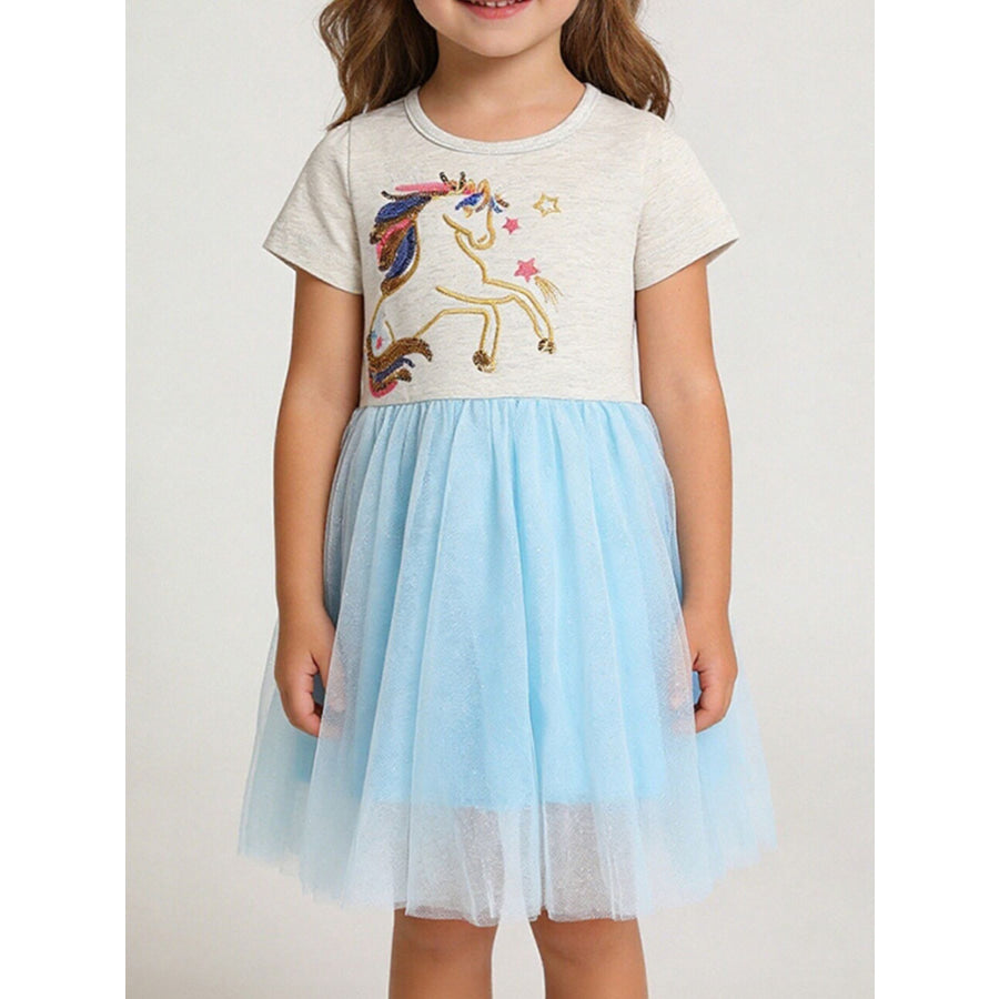Children’s Unicorn Sequin Embroidered Tulle Dress Pastel Blue / 2Y Apparel and Accessories