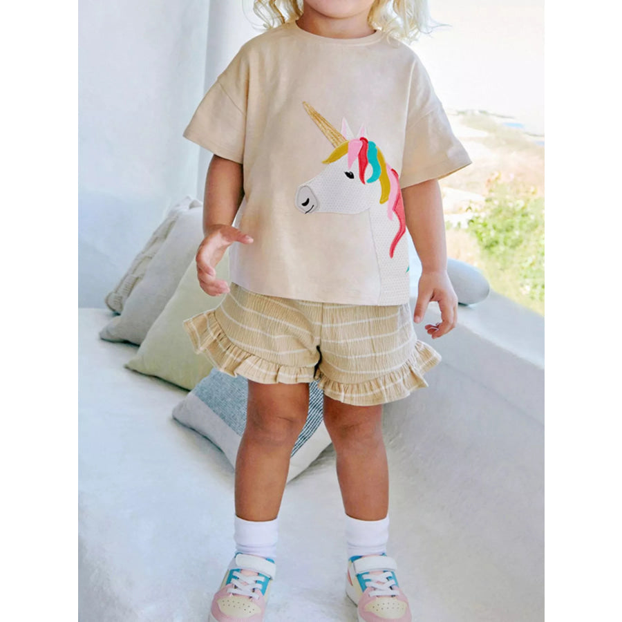 Children’s Unicorn Top and Ruffle Trim Shorts Set Tan / 2Y Apparel and Accessories