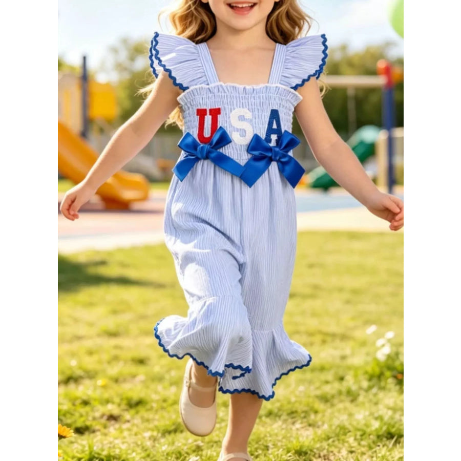 Children’s USA Themed Ruffled Sleeve Smocked Jumpsuit Apparel and Accessories