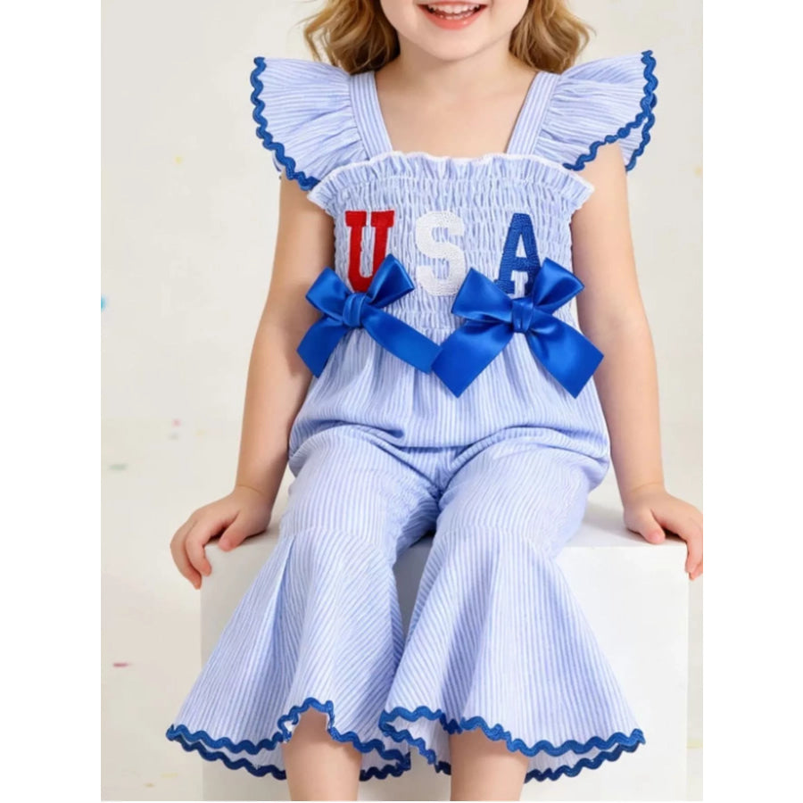 Children’s USA Themed Ruffled Sleeve Smocked Jumpsuit Blue / 6-12M Apparel and Accessories
