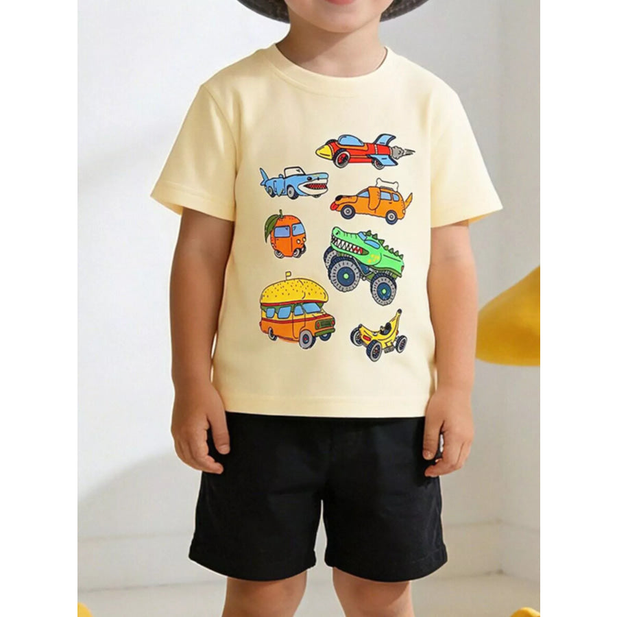 Children’s Vehicle Print Crew Neck Short Sleeve T-Shirt Cream / 2Y Apparel and Accessories