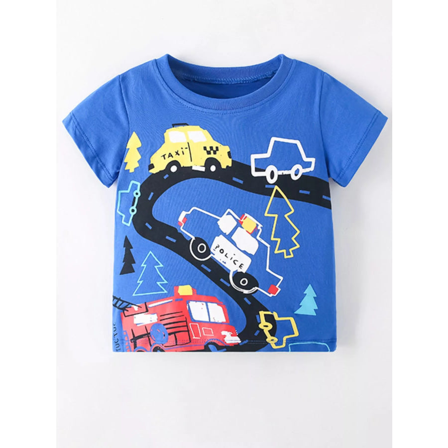 Children’s Vehicle Print Crew Neck Short Sleeve T-Shirt Royal Blue / 3Y Apparel and Accessories