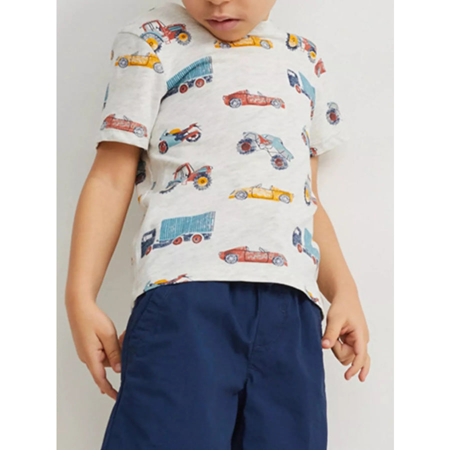 Children’s Vehicle Print Short Sleeve T-Shirt Light Gray / 2Y Apparel and Accessories