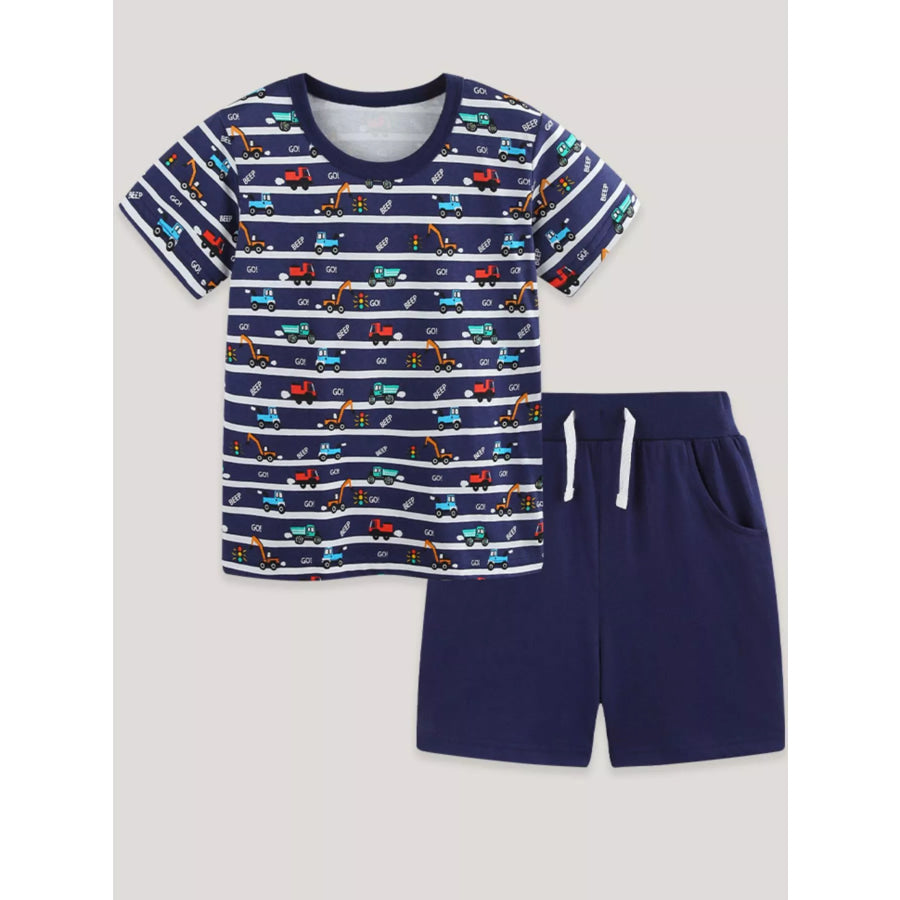 Children’s Vehicle Print Striped Tee & Shorts Set Apparel and Accessories