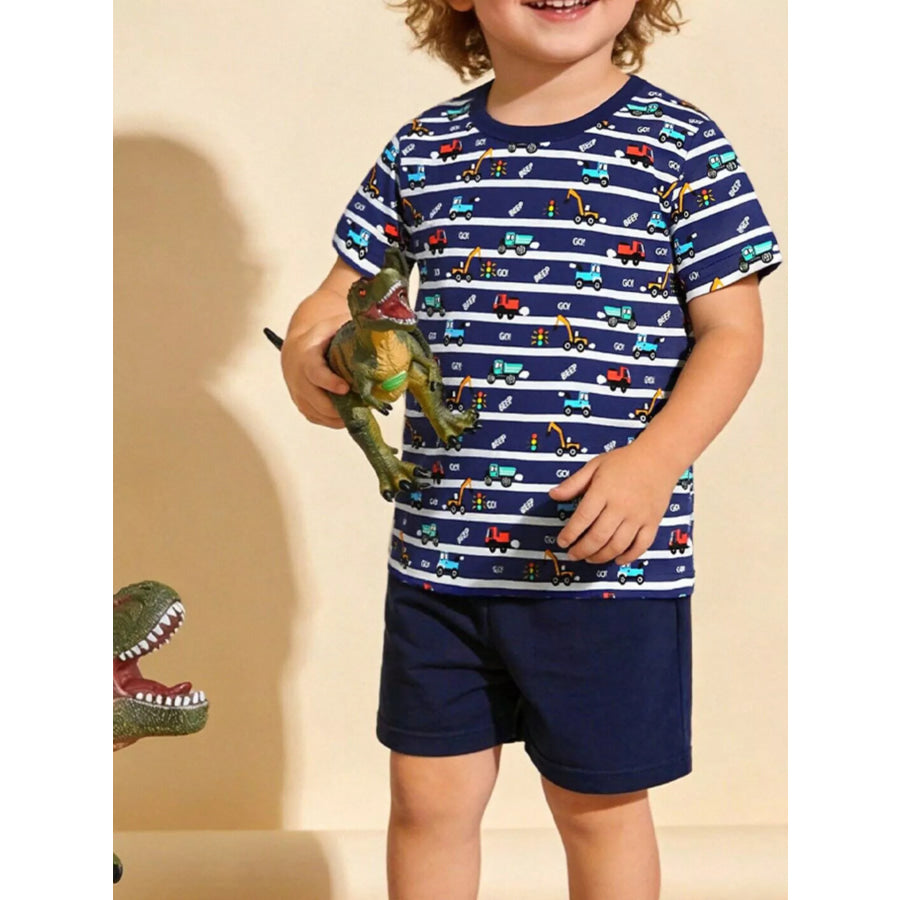 Children’s Vehicle Print Striped Tee & Shorts Set Dark Navy / 2Y Apparel and Accessories