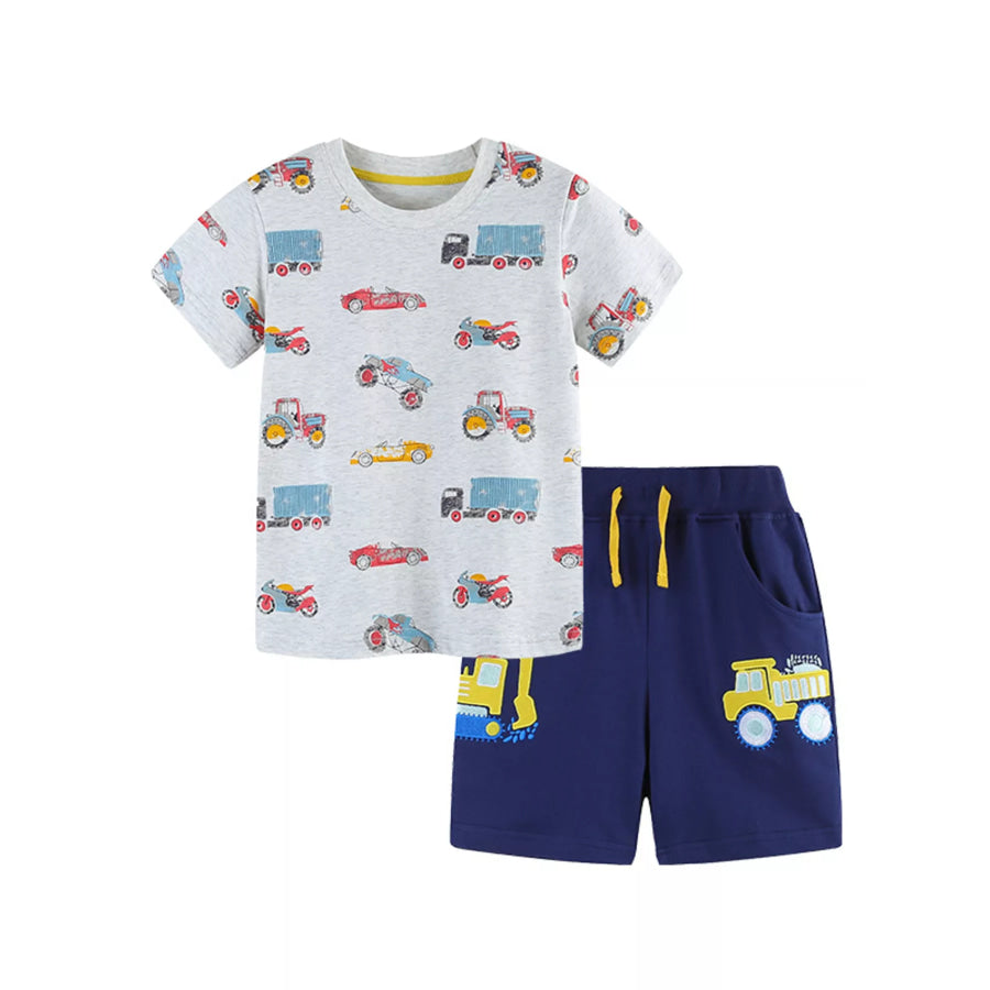 Children’s Vehicle Print T-Shirt and Shorts Set Light Gray / 2Y Apparel and Accessories