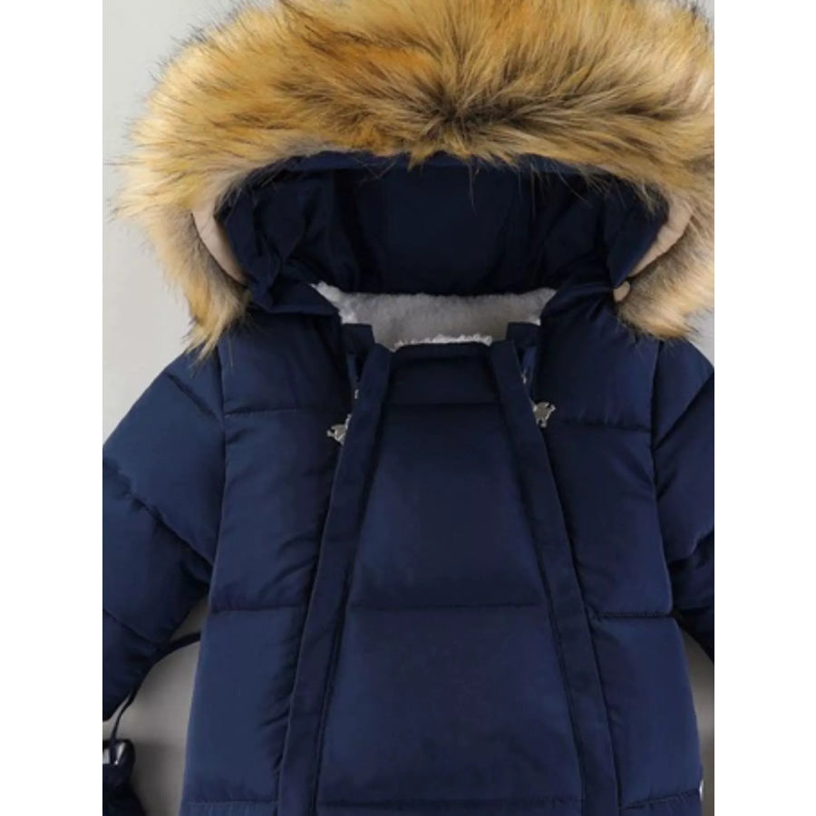 Children’s Warm Padded One-Piece Snowsuit with Fur Hood Apparel and Accessories