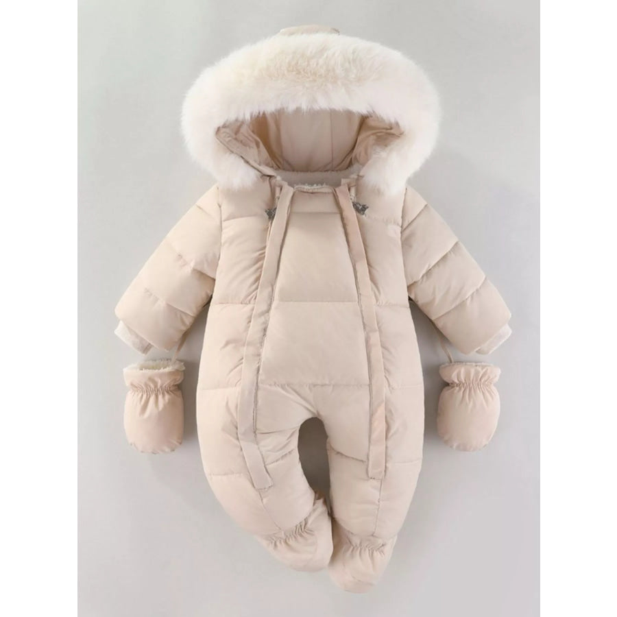 Children’s Warm Padded One-Piece Snowsuit with Fur Hood Beige / 6-9M Apparel and Accessories