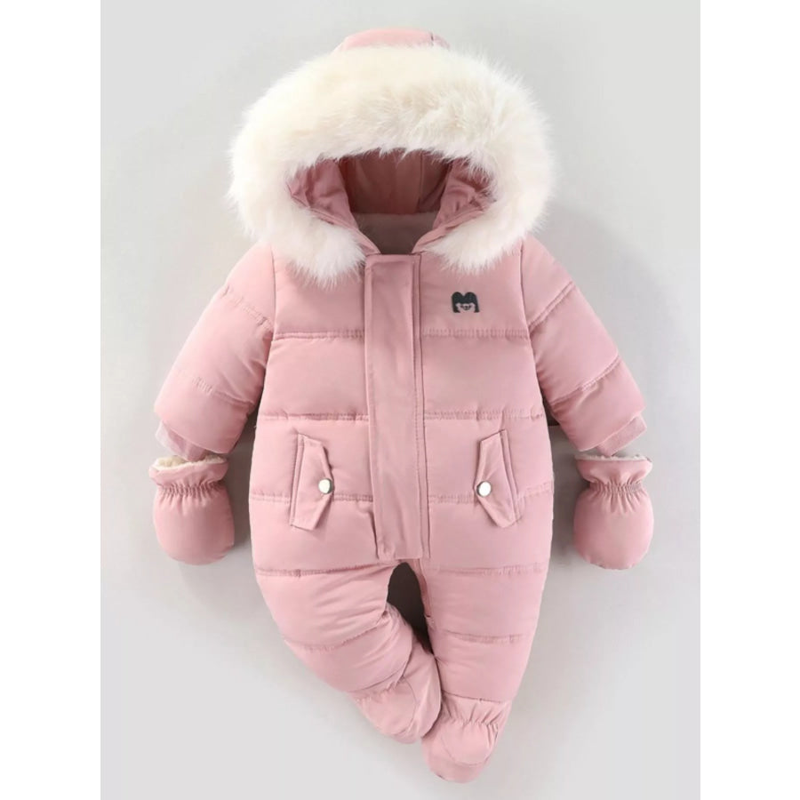 Children’s Warm Padded One-Piece Snowsuit with Fur Hood Blush Pink / 6-9M Apparel and Accessories