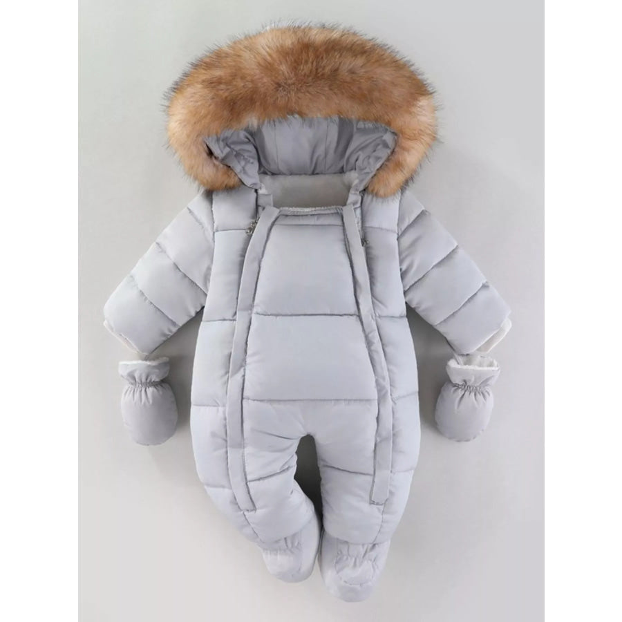 Children’s Warm Padded One-Piece Snowsuit with Fur Hood Dark Gray / 6-9M Apparel and Accessories