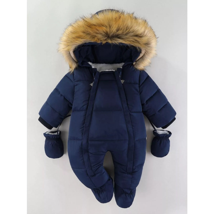 Children’s Warm Padded One-Piece Snowsuit with Fur Hood Dark Navy / 6-9M Apparel and Accessories