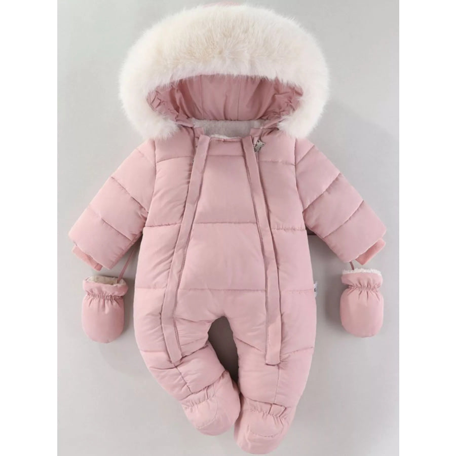 Children’s Warm Padded One-Piece Snowsuit with Fur Hood Dusty Pink / 6-9M Apparel and Accessories