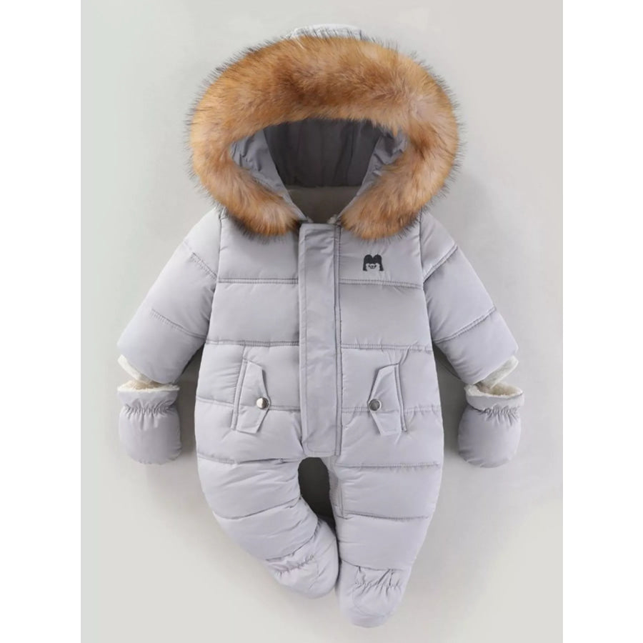 Children’s Warm Padded One-Piece Snowsuit with Fur Hood Gray / 6-9M Apparel and Accessories