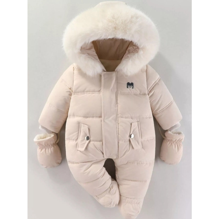 Children’s Warm Padded One-Piece Snowsuit with Fur Hood Ivory / 6-9M Apparel and Accessories