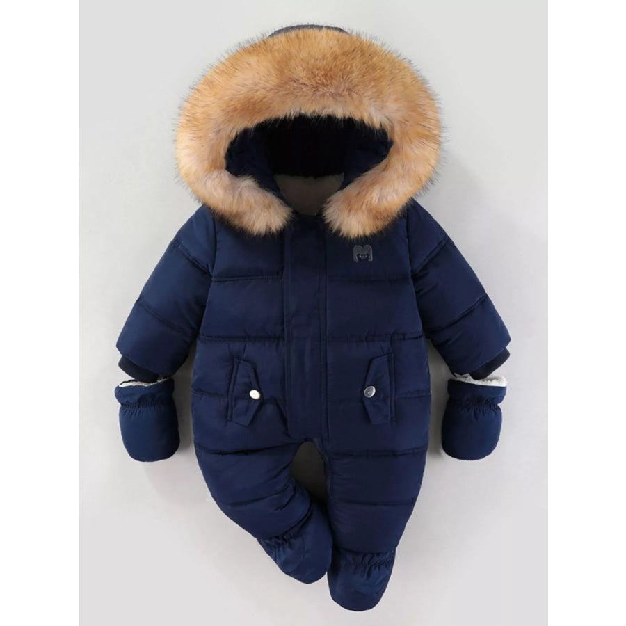 Children’s Warm Padded One-Piece Snowsuit with Fur Hood Navy / 6-9M Apparel and Accessories