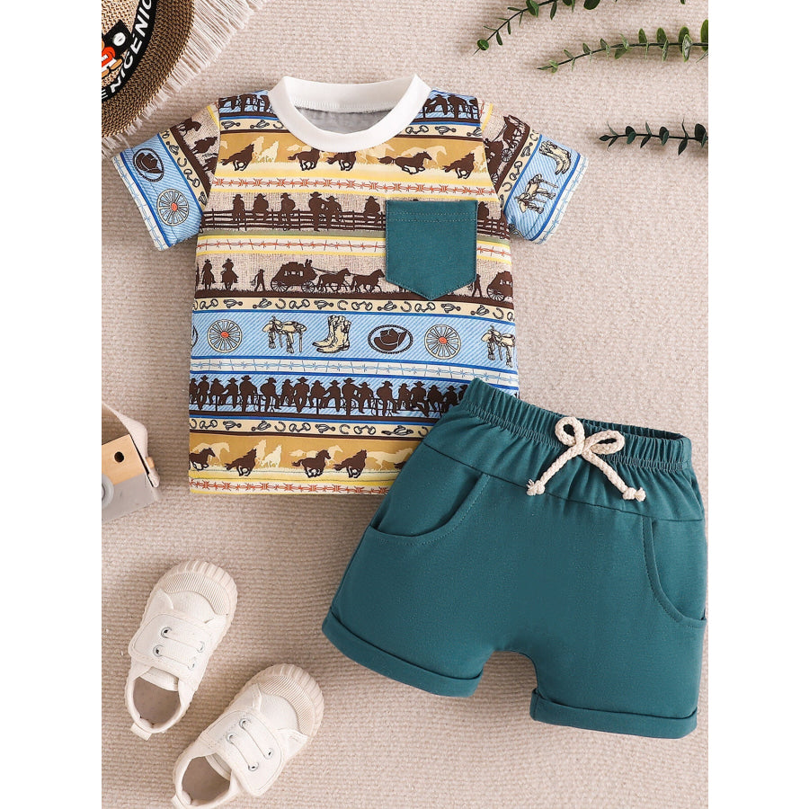 Children’s Western Style Tee & Shorts Set Peacock Blue / 0-6M Apparel and Accessories