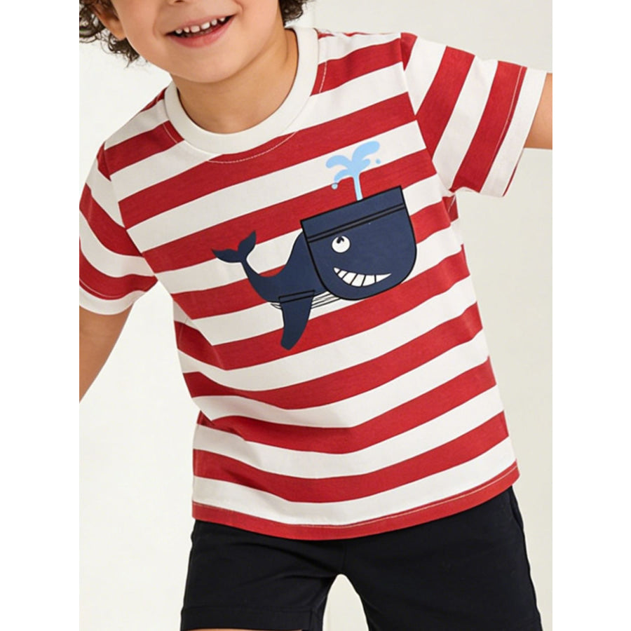Children’s Whale Print Striped Crew Neck T-Shirt Red / 2-3Y Apparel and Accessories