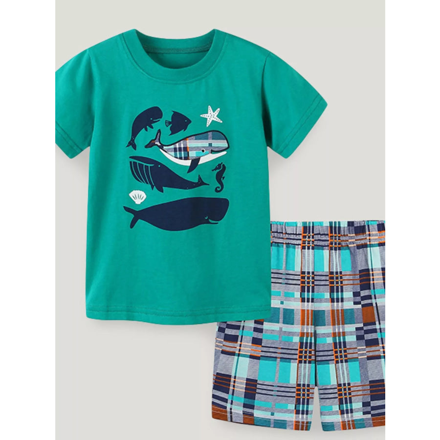 Children’s Whale Print Tee and Plaid Shorts Set Turquoise / 2Y Apparel and Accessories