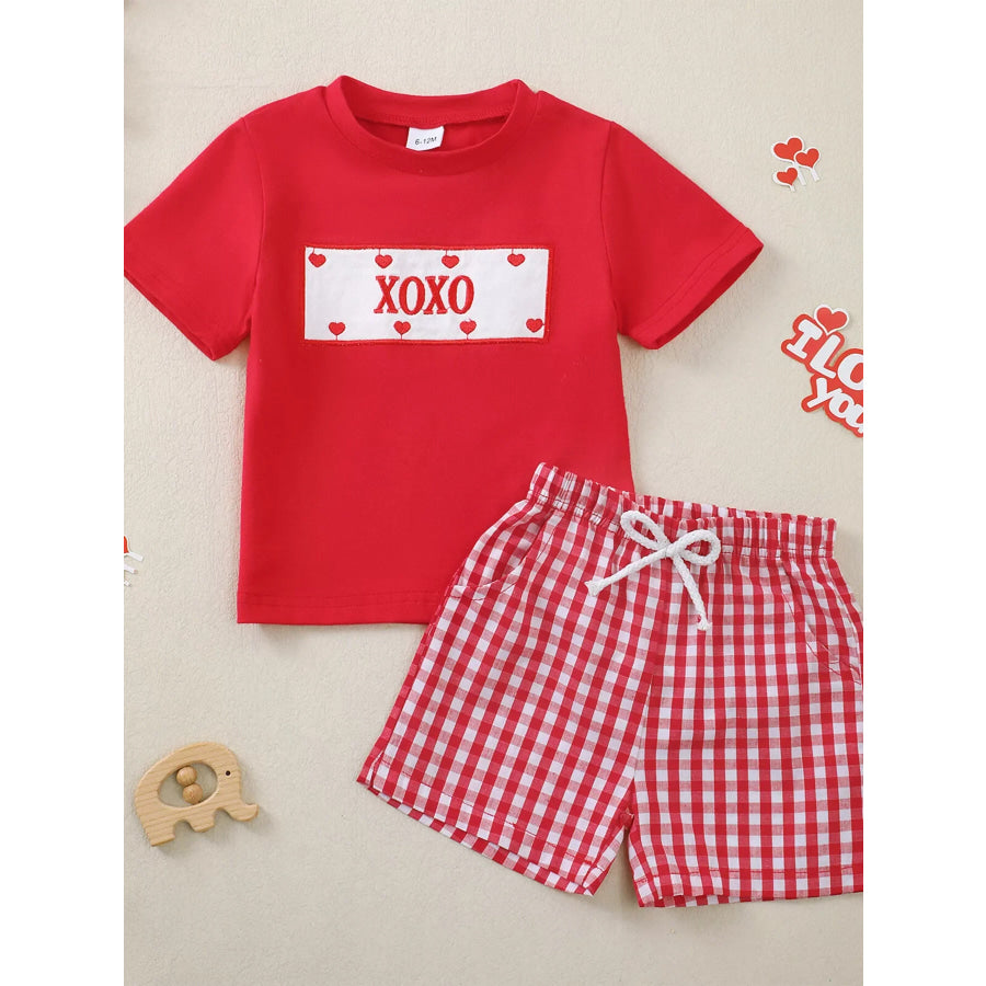 Children’s XOXO Heart Print T-shirt & Gingham Shorts Set Red / 6-12M Apparel and Accessories